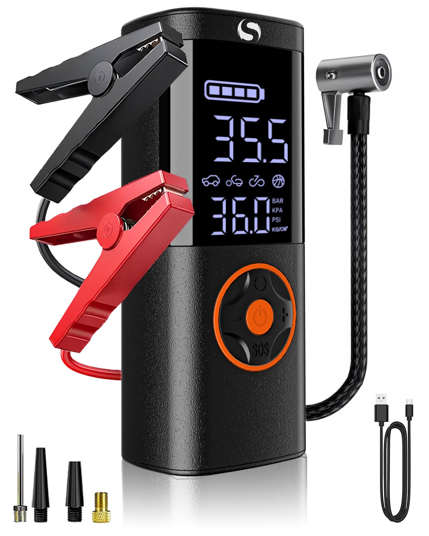 Jump Starter with Air Compressor, Jump Battery, Battery Jumper Starter Portable Jump Starter with LCD Display, Smart Jumper Cables, LED Light (Black)