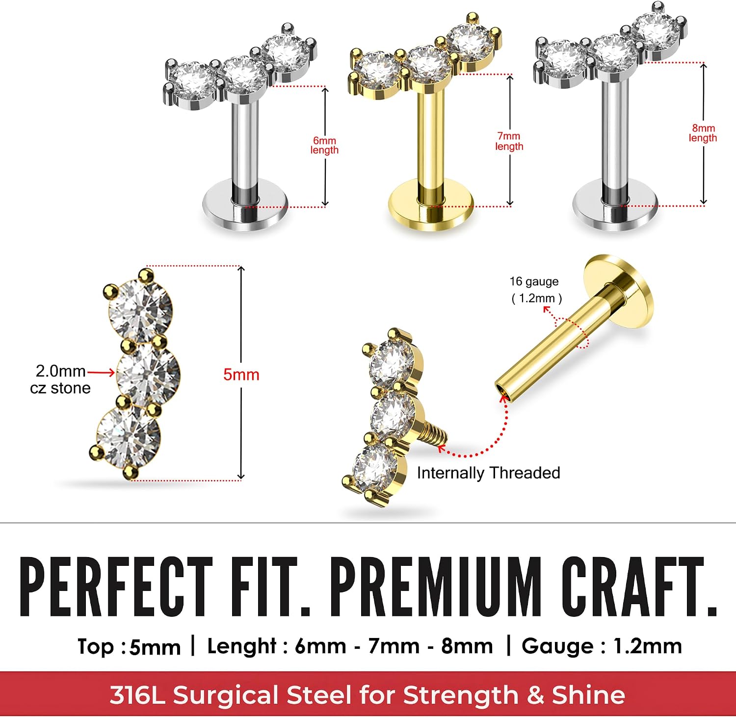 Tri Round Cz Stones Curved Internally Threaded Top 16 Gauge - 6mm, 7mm, 8mm Length Surgical Steel Tragus Labret - Tragus Bar Piercing - Helix Stud - Lip Piercing Body Jewelry