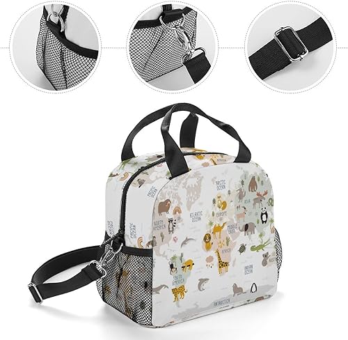 Miniatura 4 de Bolsa de almuerzo para mujeres, niños, niñas, niños, aislada, mapa del mundo animal, multicolor, impreso, lonchera térmica con soporte para botella