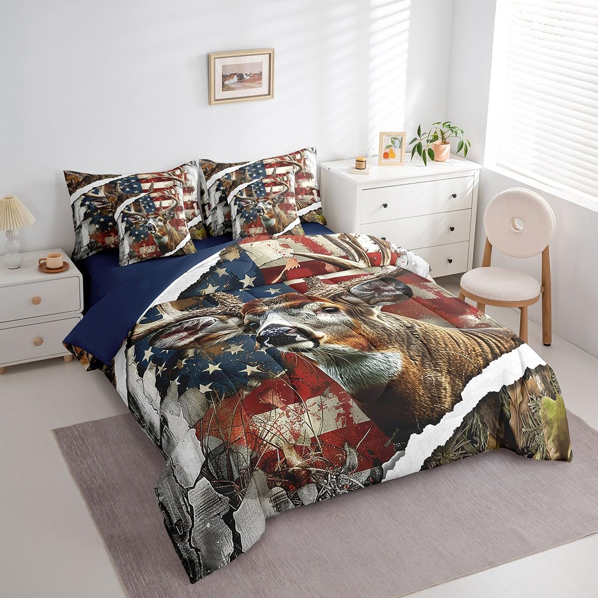 Feelyou Deer Comforter Set Queen 7 Pcs Anlter Hunting Boys Girls American Flag Bedding Set Western Farmhouse Woodland Farm Wild Animal Bed in a Bag with Comforter, Sheets, Pillowcases & Cushion Cover