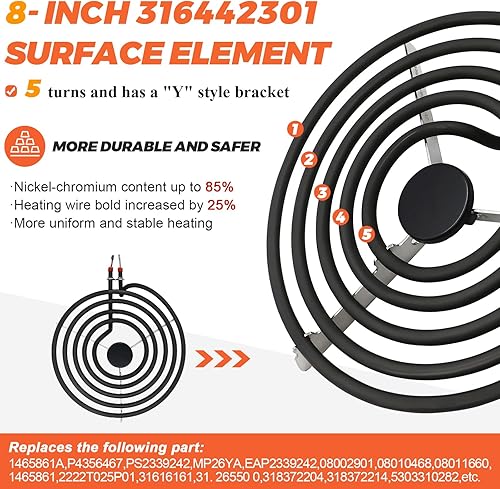 Miniatura 3 de Beaquicy 316442301 MP26YA - Quemador eléctrico de repuesto (estufa de cocina de 8 pulgadas, 5 vueltas) por Beaquicy - Elemento calefactor de