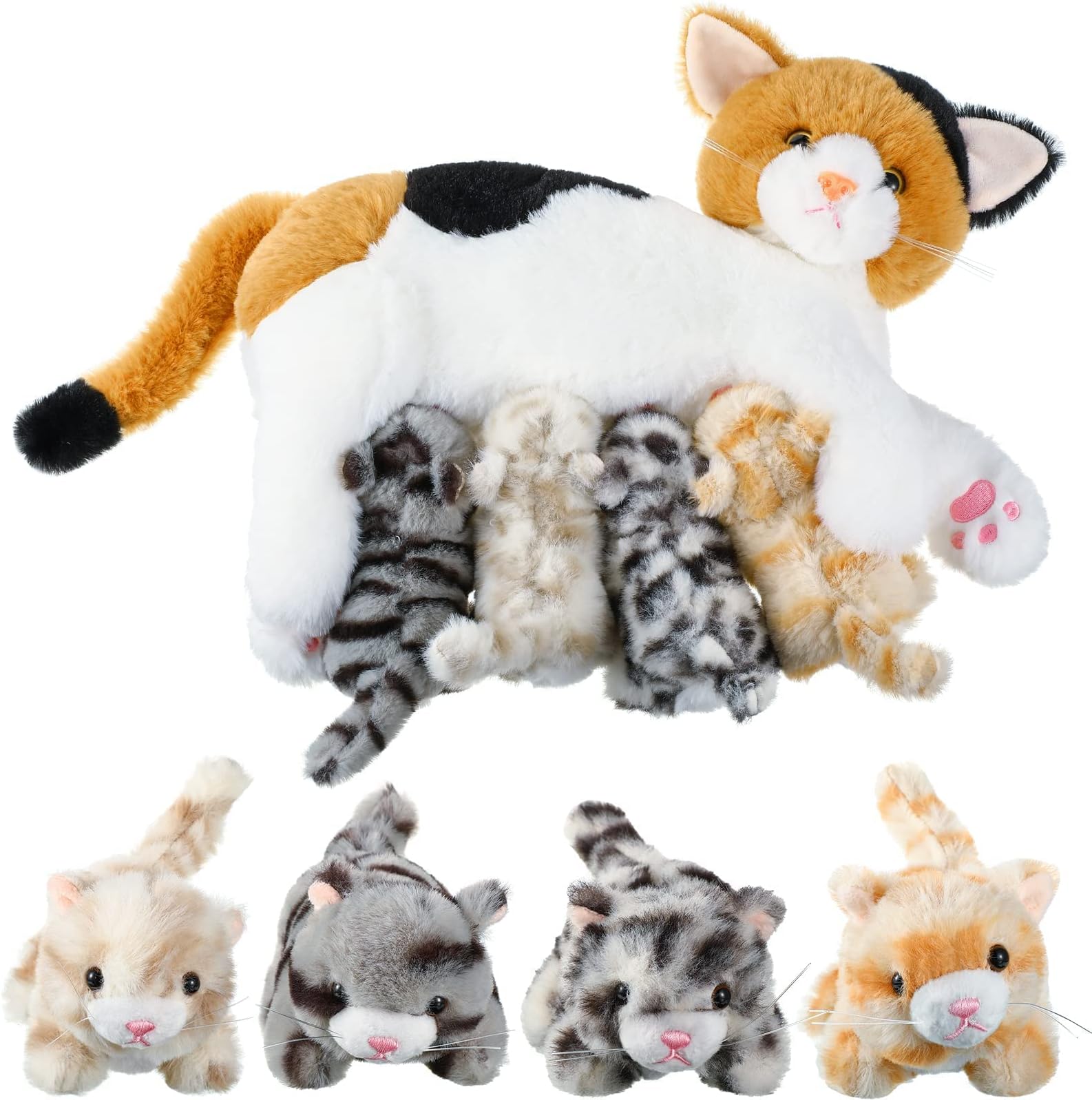 SKYLETY Nurturing Cat Stuffed Animal with Plush Kittens, Cat Baby Stuffed Animals for Girls and Boys Plushy Kitty Mommy Cat with 4 Baby Cats for Birthday Party Favors Gifts (Lovely Style)