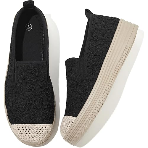 Shupua Womens Slip on Shoes Stylish Lace Casual Loafers Lightweight Platform Sneakers Comfortable Spring Flat Shoes for Office, Work