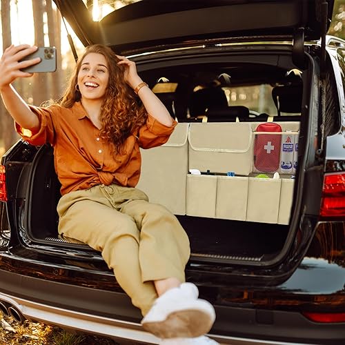 Miniatura 7 de Organizador de maletero de automóvil, organizador colgante para asiento trasero con bolsillos de almacenamiento para SUV, camión, camioneta, Beige
