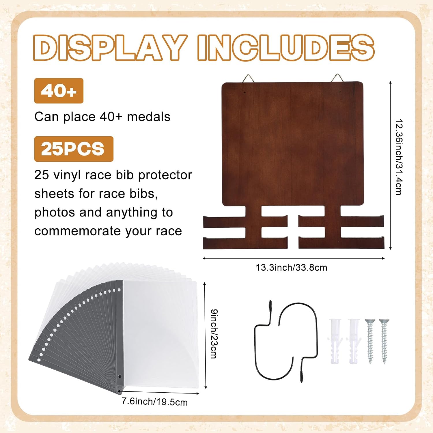 Wenqik Wood Medal Hanger Display with 25 Bib Holder Wall Mounted Rustic