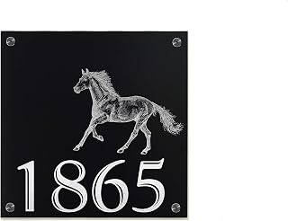 Modern House Sign Square with Black Aluminum (ACP) and Silver Fiber Laser Engraved Designs/Fonts- Home Address - Plaque - Running Horse