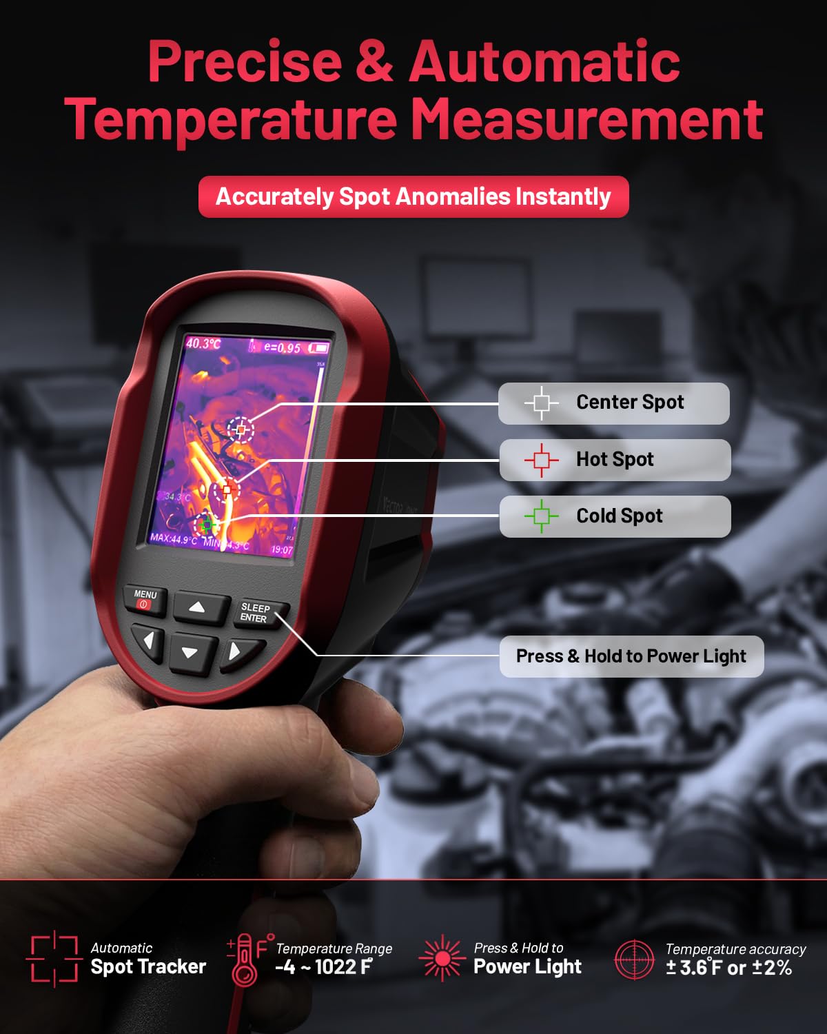 Thermal Camera, 240 x 240 TSIR Imaging Resolution, -4°F to 1022°F, 18-Hour Battery Life, 25Hz Mini Handheld Infrared Camera, 2.8" Screen, LED Lamp, 16 GB, Temp Alerts, Auto Shutdown, IP54, VectorPoint