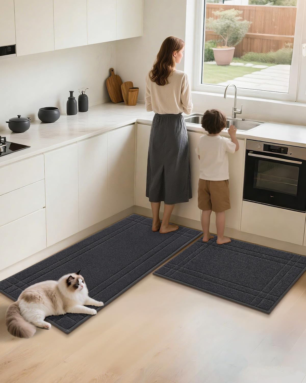 JSEI Kitchen Mats for Floor, Non-Slip Kitchen Rugs, Soft Washable Absorbent Kitchen Mats 2 PCS, Kitchen Runner Rug with TPR Backing, Polyester, 20"x32"+20"x48", Dark Grey