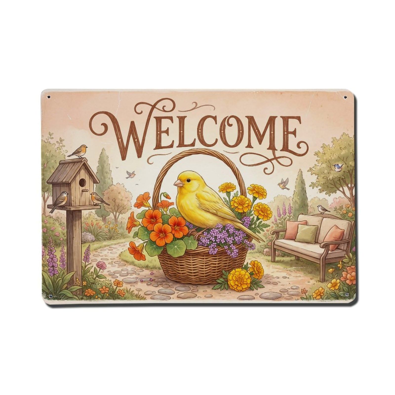 Vintage Welcome Canary Backyard Bliss Metal Tin Sign