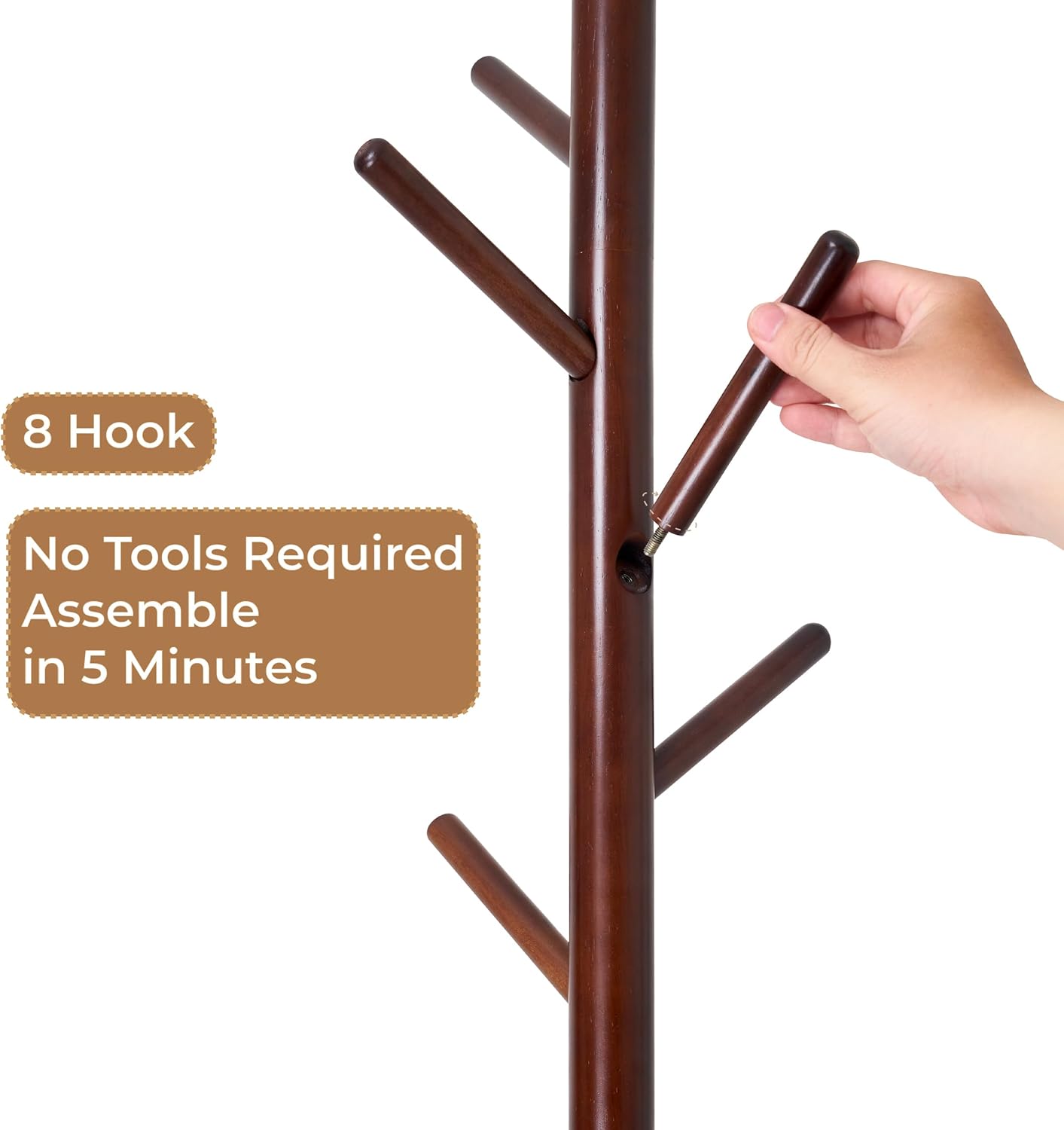 BARIEN Free Standing Wooden Coat Rack Stand, 8 Hooks FreeStanding Hat Racks with Shelf, 4 Height Options 50.7"-72.8", Used To Hang Clothes, Hats, Bags (Brown)