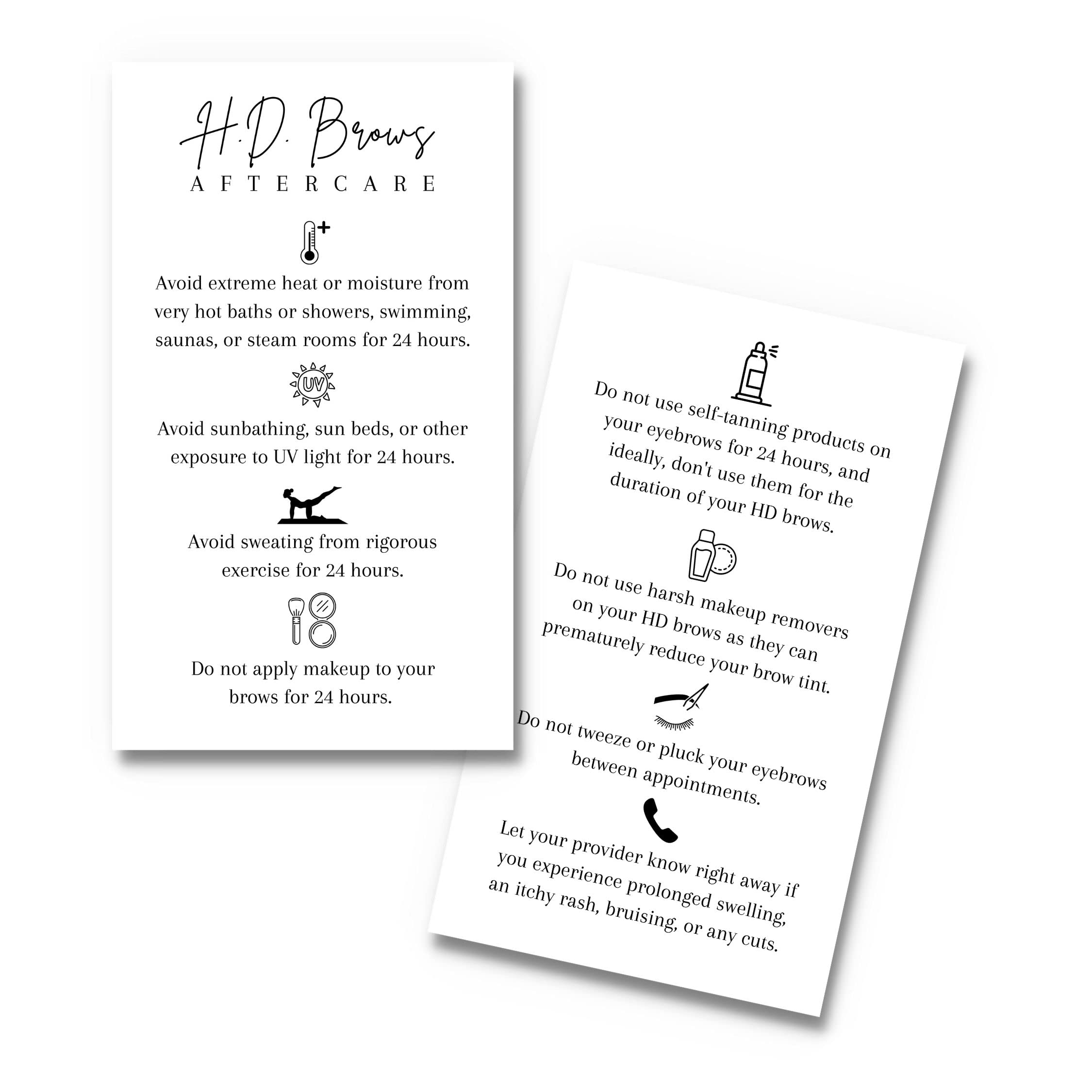 Photo 1 of HD Brows Aftercare Instruction Cards | Physical Printed 2 x 3.5” inches Business Card Size | White and Black Design