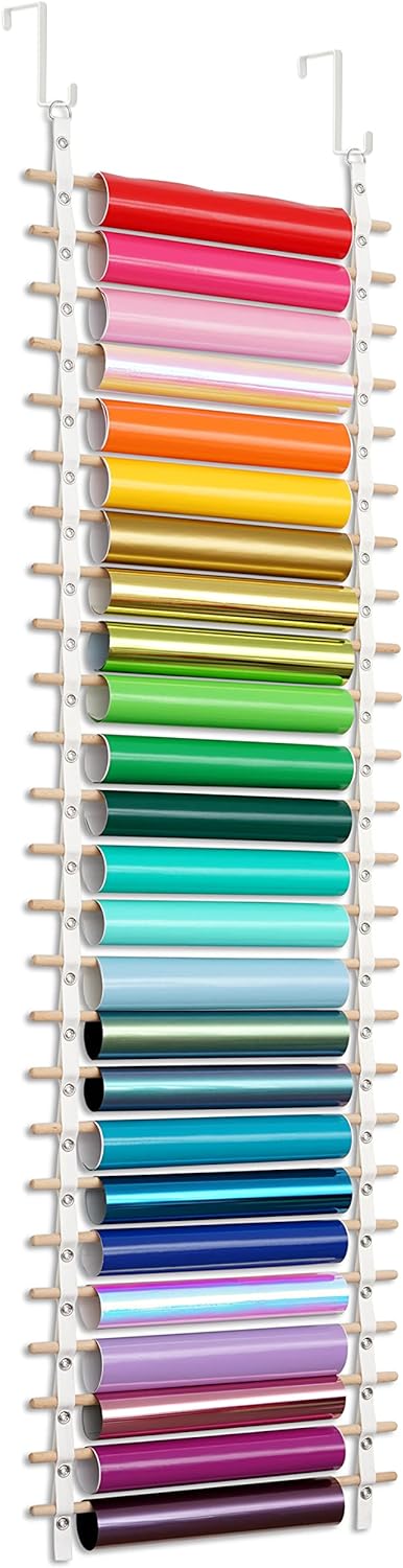 Vinyl Roll Holder, 25 Rolls, Craft Roll Storage and Organizer, Cotton Straps and Wood Dowels, with Door Hanging Hooks