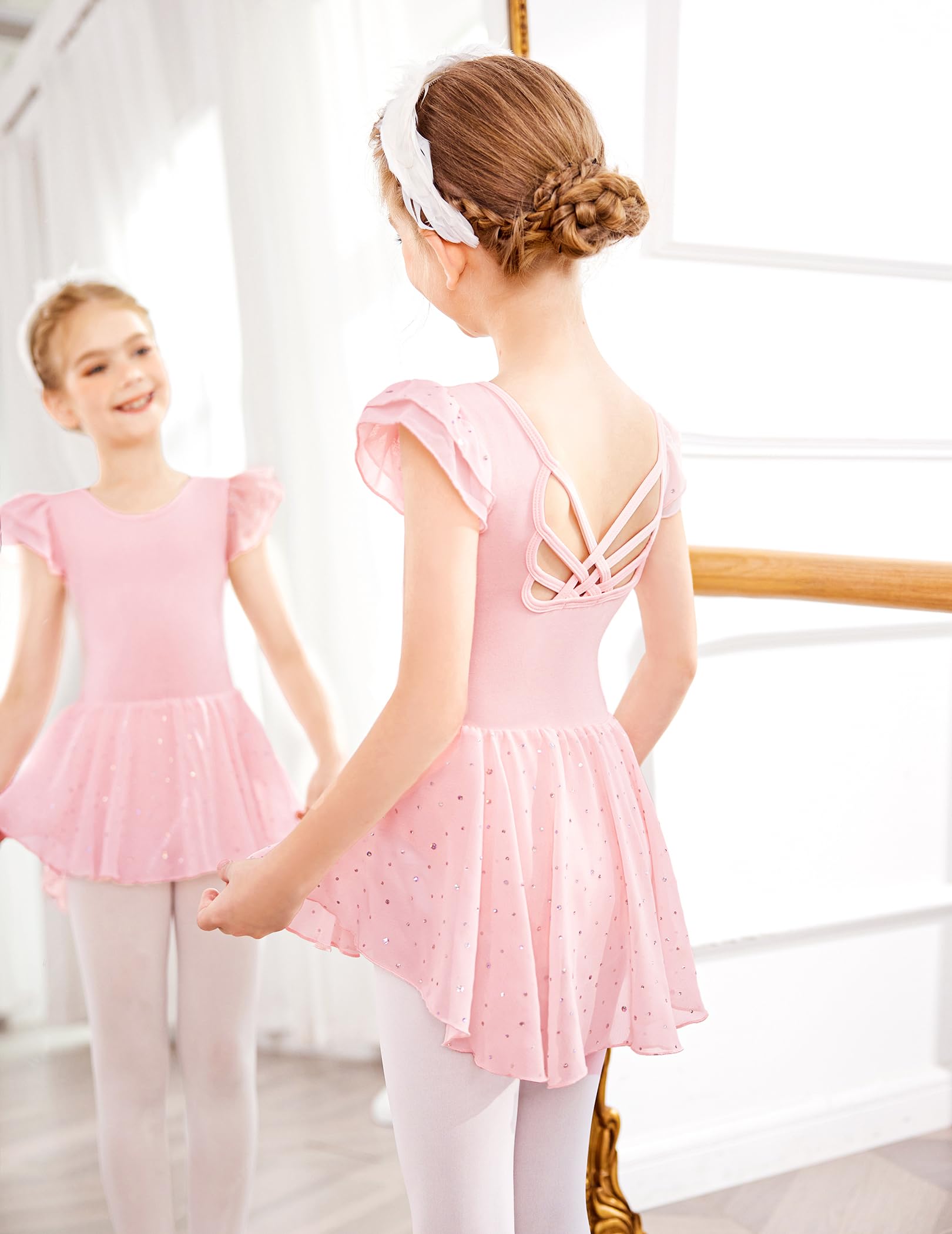 Arshiner Traje de Ballet para Niñas de 2-10 Años Sin Espalda Manga Corta Ropa de Danza Mono de Algodón con Falda Irregular con Lentejuelas — view 6
