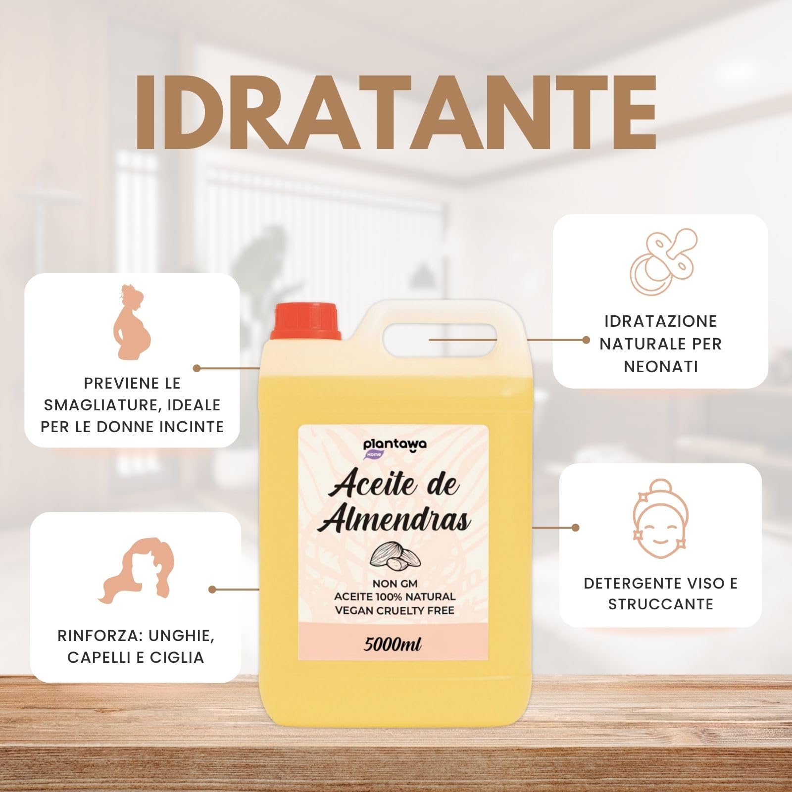 PLANTAWA Olio di Mandorle Dolci 5L | Olio di Mandorle per il Corpo 100% Naturale di Origine Vegetale | Olio Multiuso per Massaggi, Materia Prima, Contiene Vitamina E, Bio Olio Smagliature Gravidanza