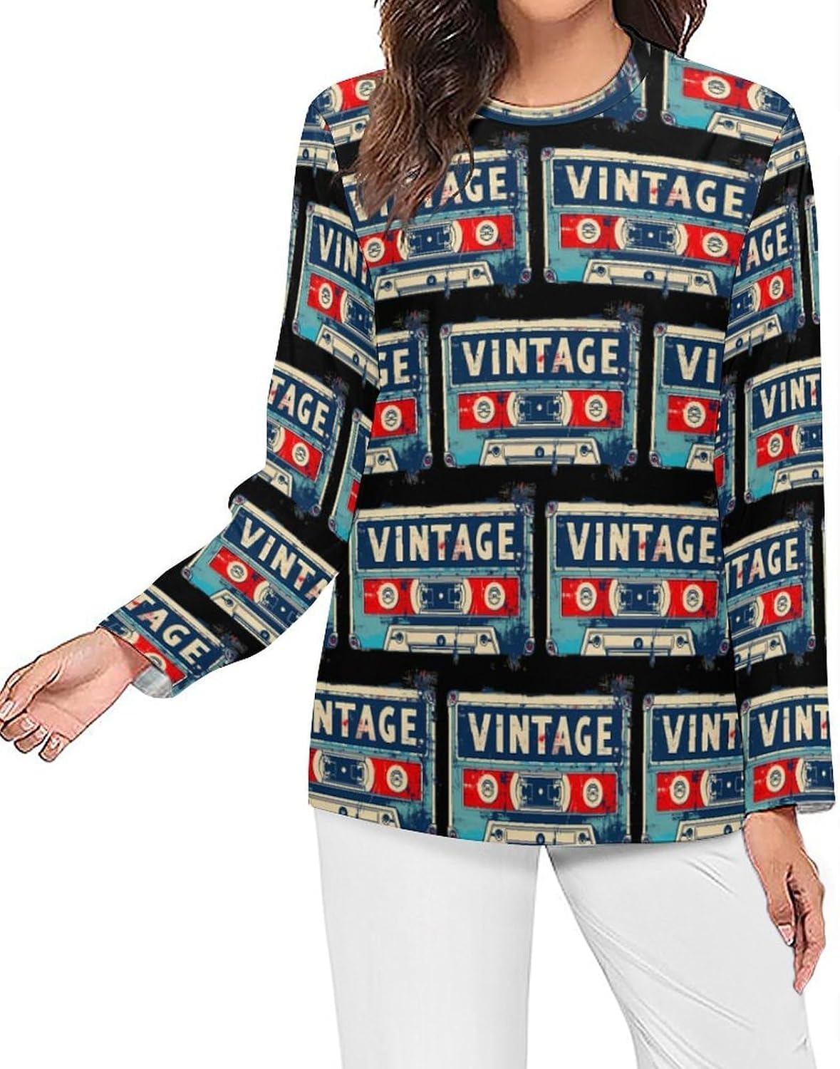 Vintage Tape Women's Pajama Top Sleepwear Pajamas Sleep T-Shirt Long Sleeve Shirt Crewneck Tee