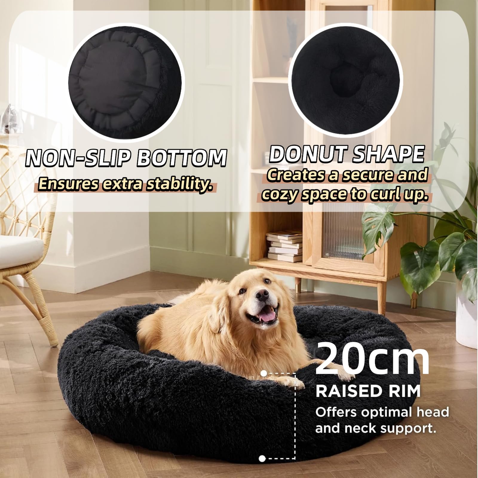 SEOUGEE Cuccia per cani a forma di ciambella calmante, letto rotondo in peluche soffice per gatti, cuscino morbido lavabile accogliente autoriscaldante per animali con fondo antiscivolo, nido coccole
