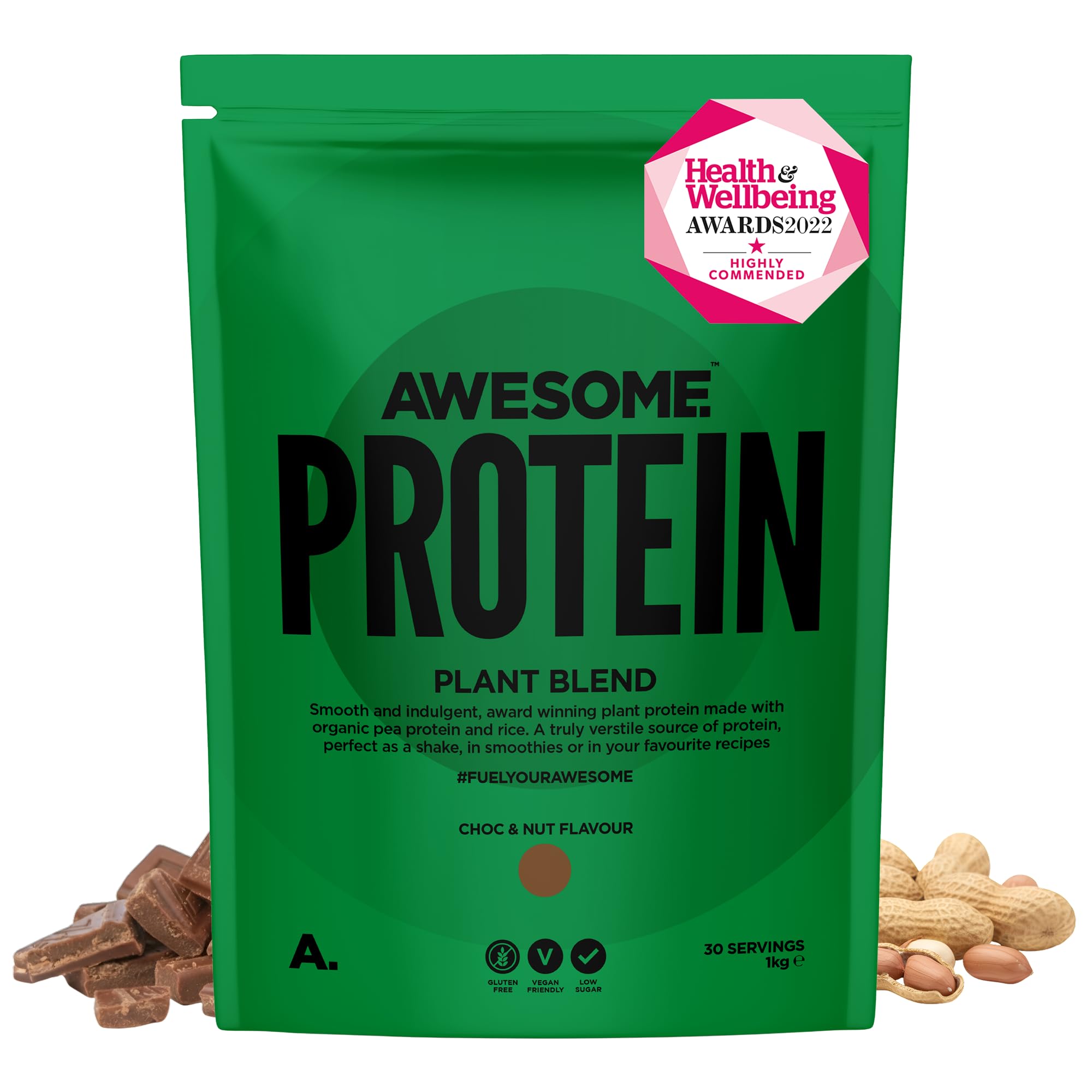 Awesome Supplements – Vegan Protein Powder – Organic 1KG – High Protein Plant-Based Powder – 21,6 g Protein Per Serving – Low Calorie, Low Sugar – Pea Protein, Organic Protein (1 KG, Choc & Nut)