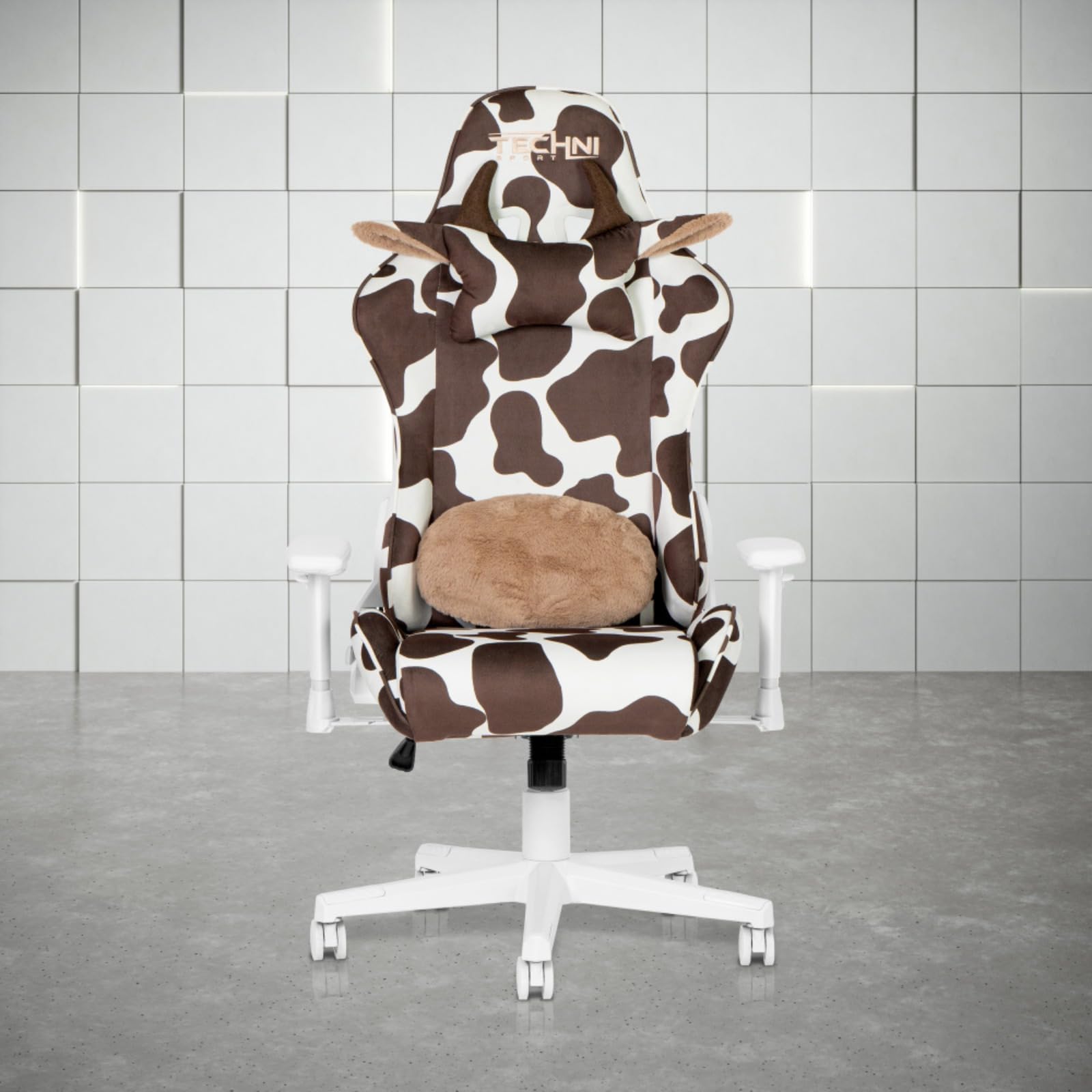 Gaming Chair, Ergonomic Office Computer Chair with Memory Foam, Lumbar Support, Decorative Horns & Ears,Cow Headrest Pillow, Brown White Cow Print