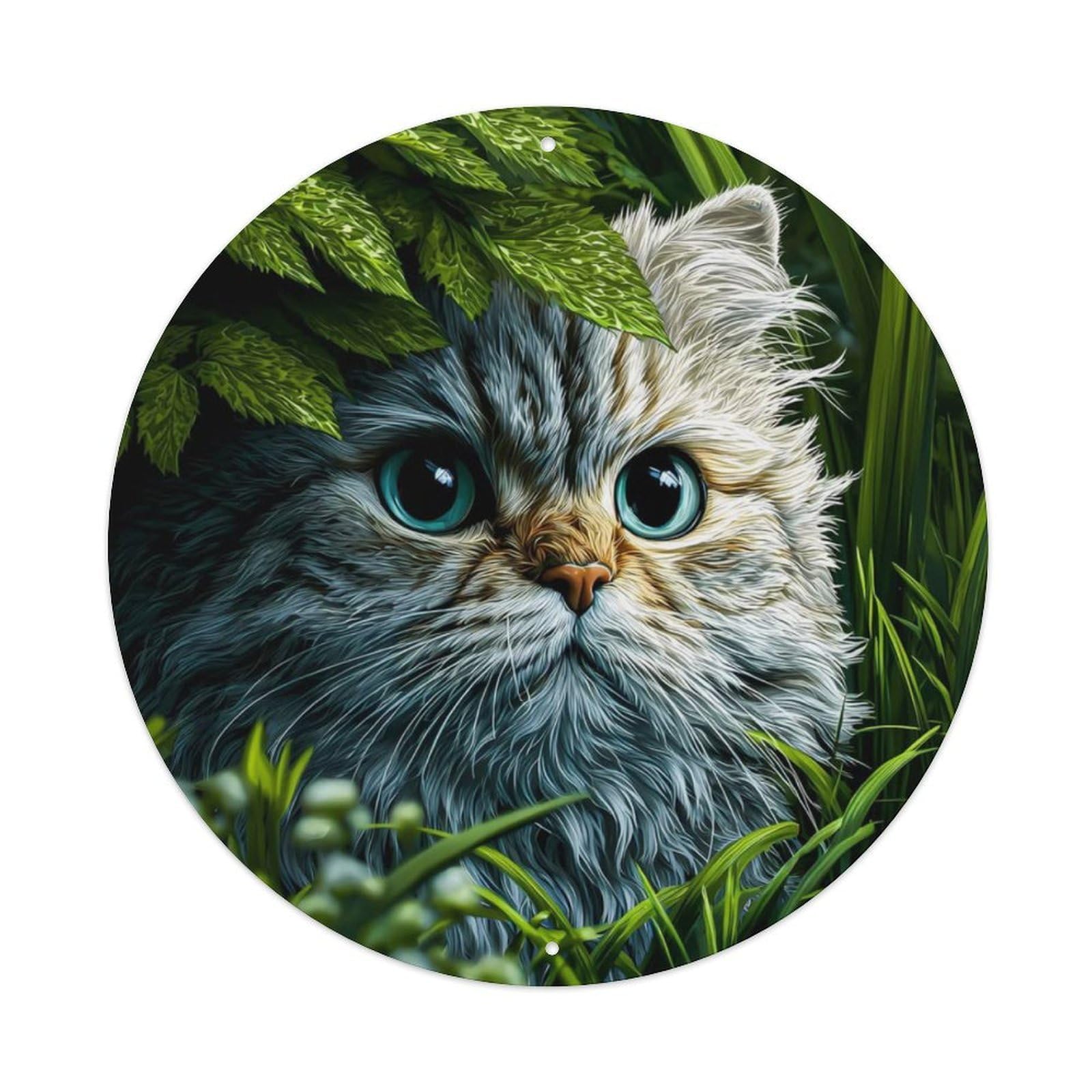 Animal Fluffy Tabby Cat Hiding in Green Plants Cute Cat Pet Vintage Metal Tin Sign Plaque Wall Decor for Cafe, Club Bar, Office, Garden Metal Poster 8x8Inch