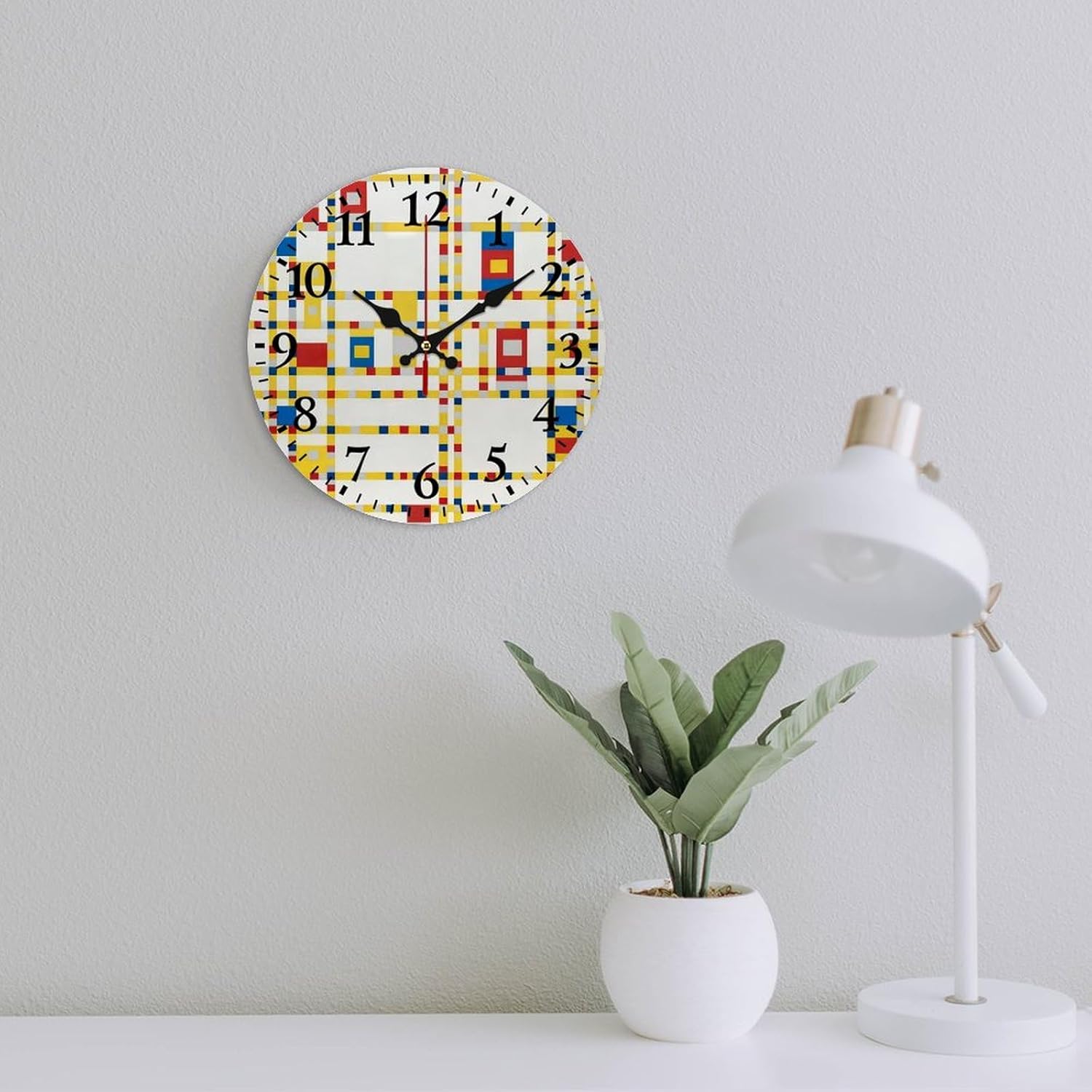 Colorful Abstract Piet Mondrian Boogie York City Silent Wall Clock, Vintage Rustic Decoration Round Wall Clock for Bedroom, Bathroom, Living Room, Home Office(34cm/13.39in)