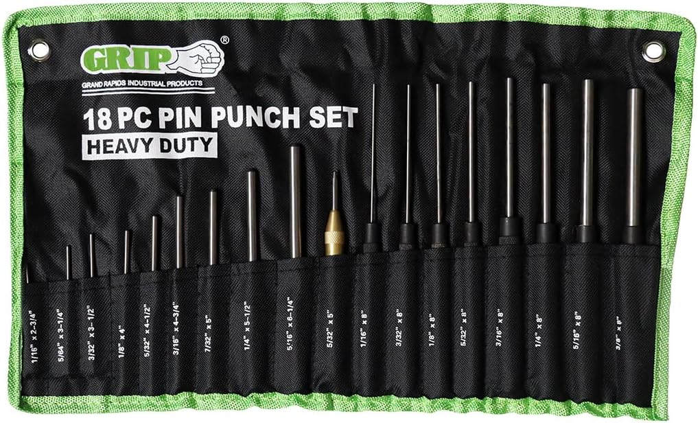 Grip 18 pc Heavy Duty Roll Pin Punch Gunsmithing Set - Roll Pin Punch, Long Pin Punch, Center Punch - Fast and Safe Removal of Pins - Roll Up Storage Pouch