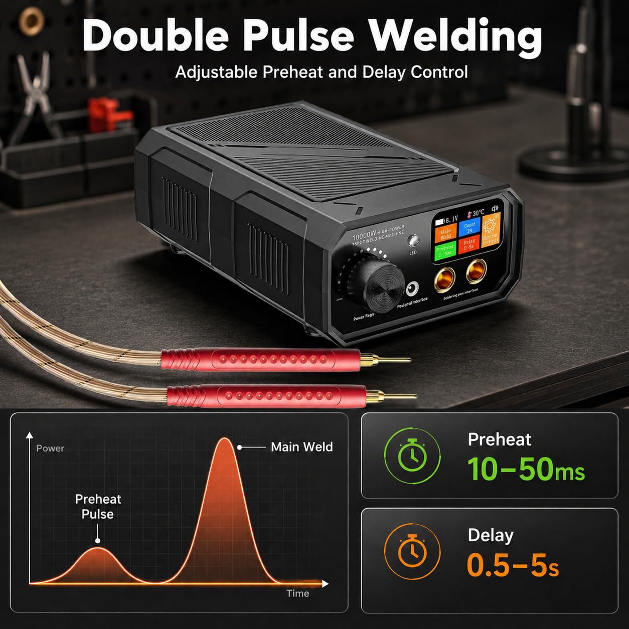 Soldadora por Puntos Portátil para Baterías, 10000W de Potencia Máxima, Batería Integrada de 10000mAh, Soldadora de Doble Pulso con 90 Niveles Ajustables, Modos Automático y Pedal