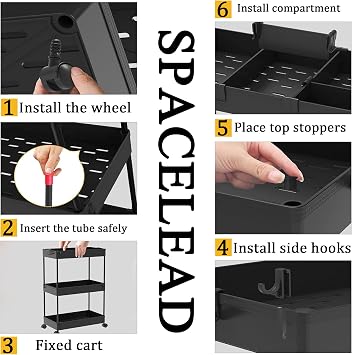 SPACELEAD Slim Storage Cart 3 Tier,Bathroom Organizer Rolling Utility,Mobile Shelving Unit Slide Out for Office, Kitchen, Laundry Room & Narrow Places,Black