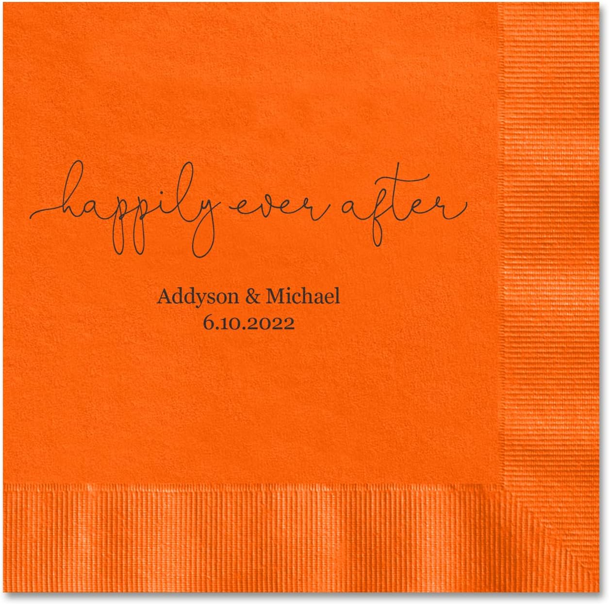 Happily Ever After Personalized Beverage Napkins / 100 Orange 3 Ply Paper Coined Cocktail Napkins With Choice Of Foil/Folded 4 3/4" x 4 3/4" Napkins/Made In The USA