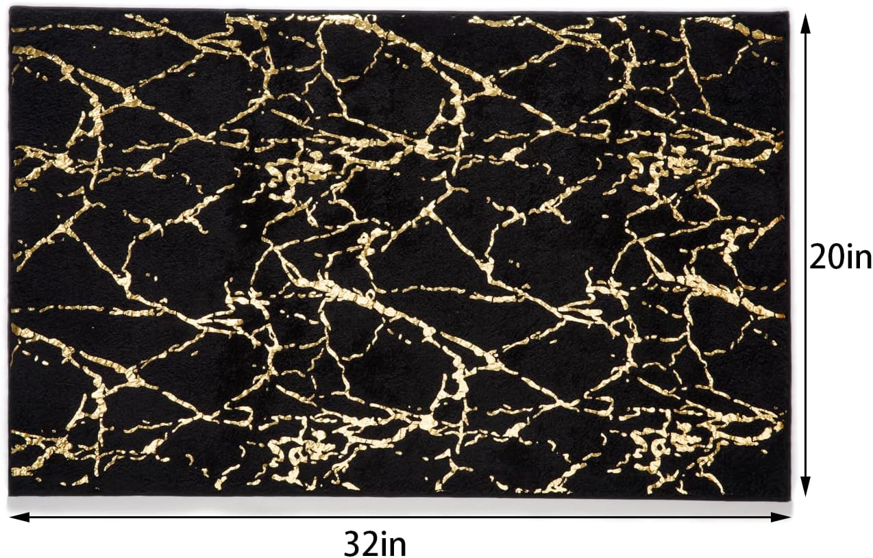 QJHOMO Marble Bathroom Rug Black and Gold Decor Bathroom Rugs Non Slip Bath Mat Super Absorbent Microfiber Plush Bathmat Machine Washable Floor Carpet for Tub, Shower, Bedroom (20x32 inch)