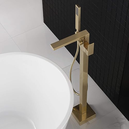 Miniatura 4 de WOODBRIDGE F0008BG Contemporary Single Handle Floor Mount Freestanding Tub Filler Faucet with Hand Shower in Brushed Gold Finish
