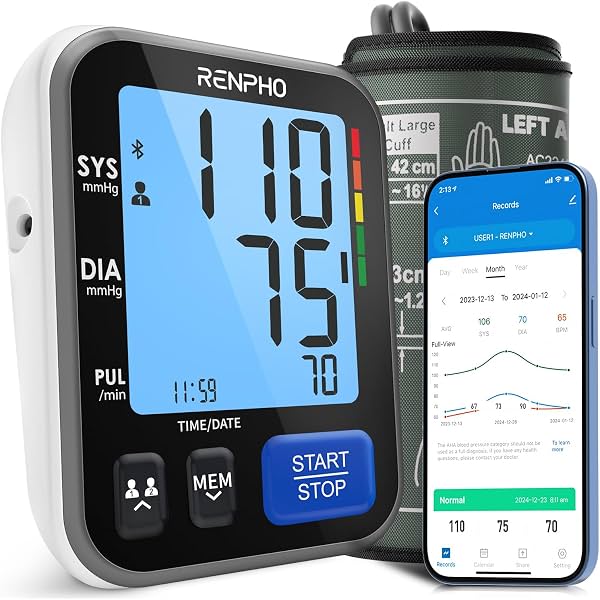 Monitor de presión arterial inteligente RENPHO, brazalete ancho, almacenamiento de datos, Bluetooth | Máquina de presión arterial con brazalete de rango amplio para talla grande para todos los tamaños de brazo, multiusuario, suministros familiares, uso doméstico, elegible para FSA HSA