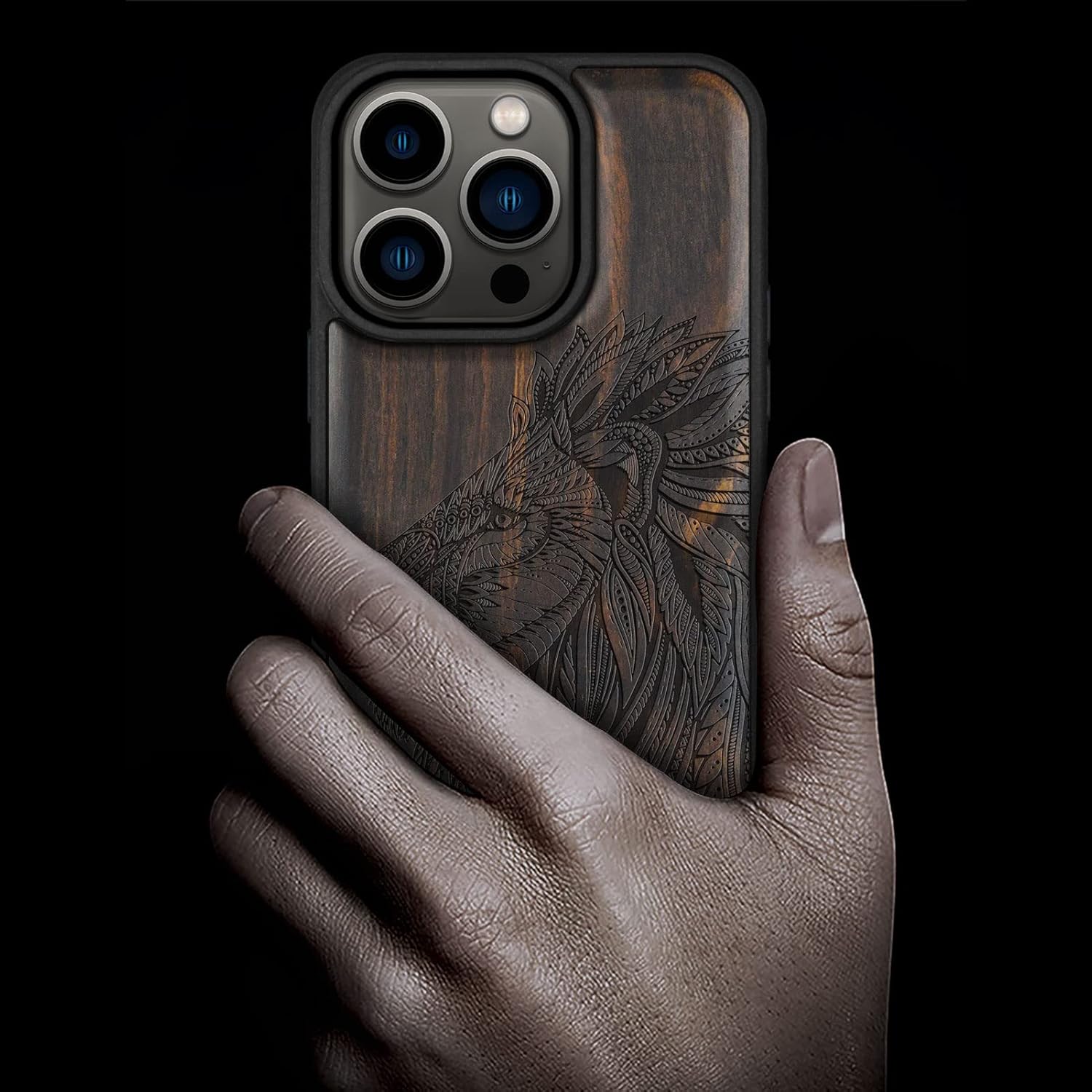 Carveit Magnetic Wood Case for iPhone 14 Pro - Natural Wood & Black Soft TPU - Shockproof Protective Cover - Unique & Classy Wooden Case - Compatible with MagSafe - Hand Drawn Lion - Black