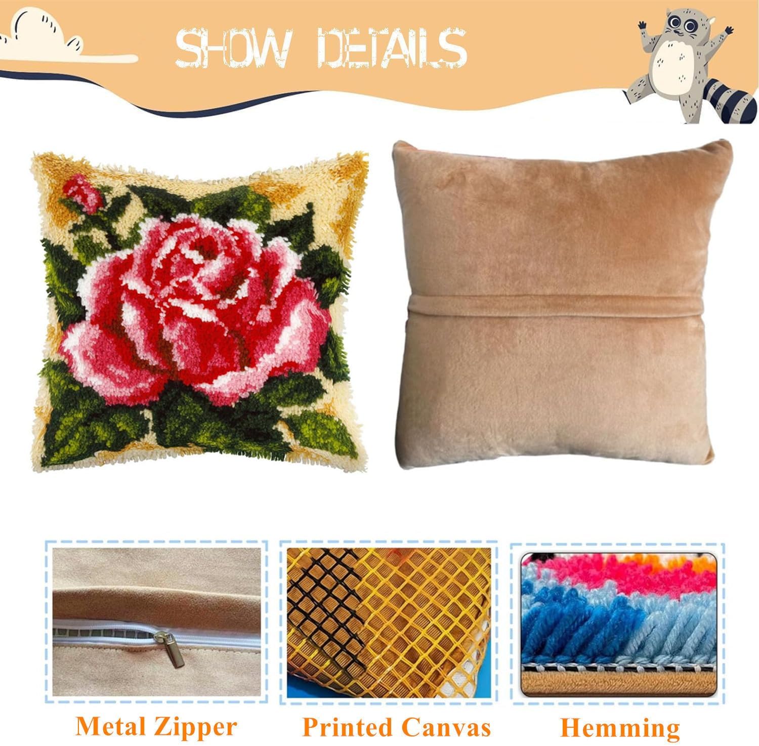EMISTEM Latch Hook Kits for Adults - Latch Hook Pillow Kits, Crochet Yarn Kit for Beginners, DIY Needlework Crafts Cover Case with Printed Canvas, (Red Rose,17x17 inch)