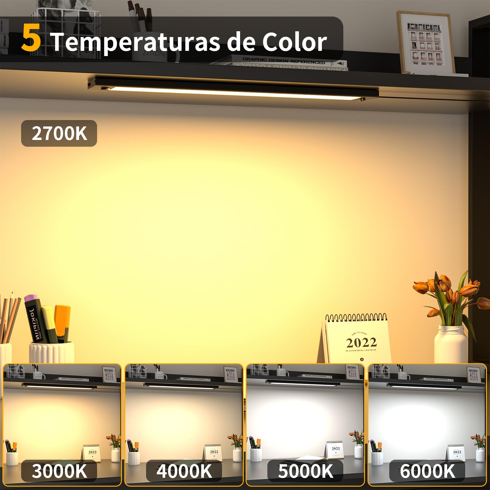 WOBANE Luz LED Cocina Bajo Mueble Enchufable, Regulable Luces para Gabinete 42 cm, 5 Temperaturas de Color Lampara para Interior, Estante, Escritorio, Encimeras de Cocina, Lavanderías