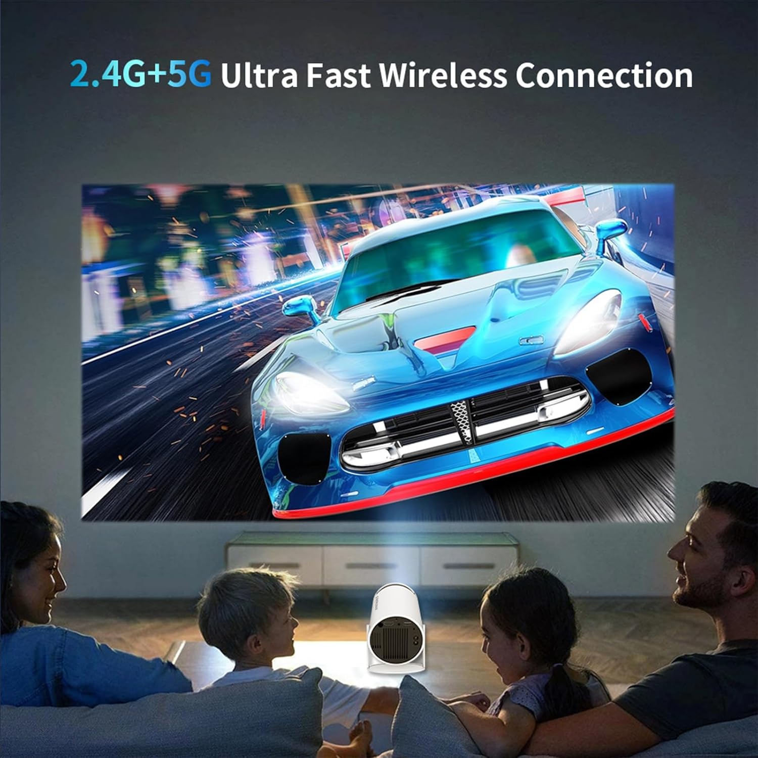 A family watching a movie projected by the Astarama HY300, highlighting the 2.4G+5G ultra-fast wireless connection.