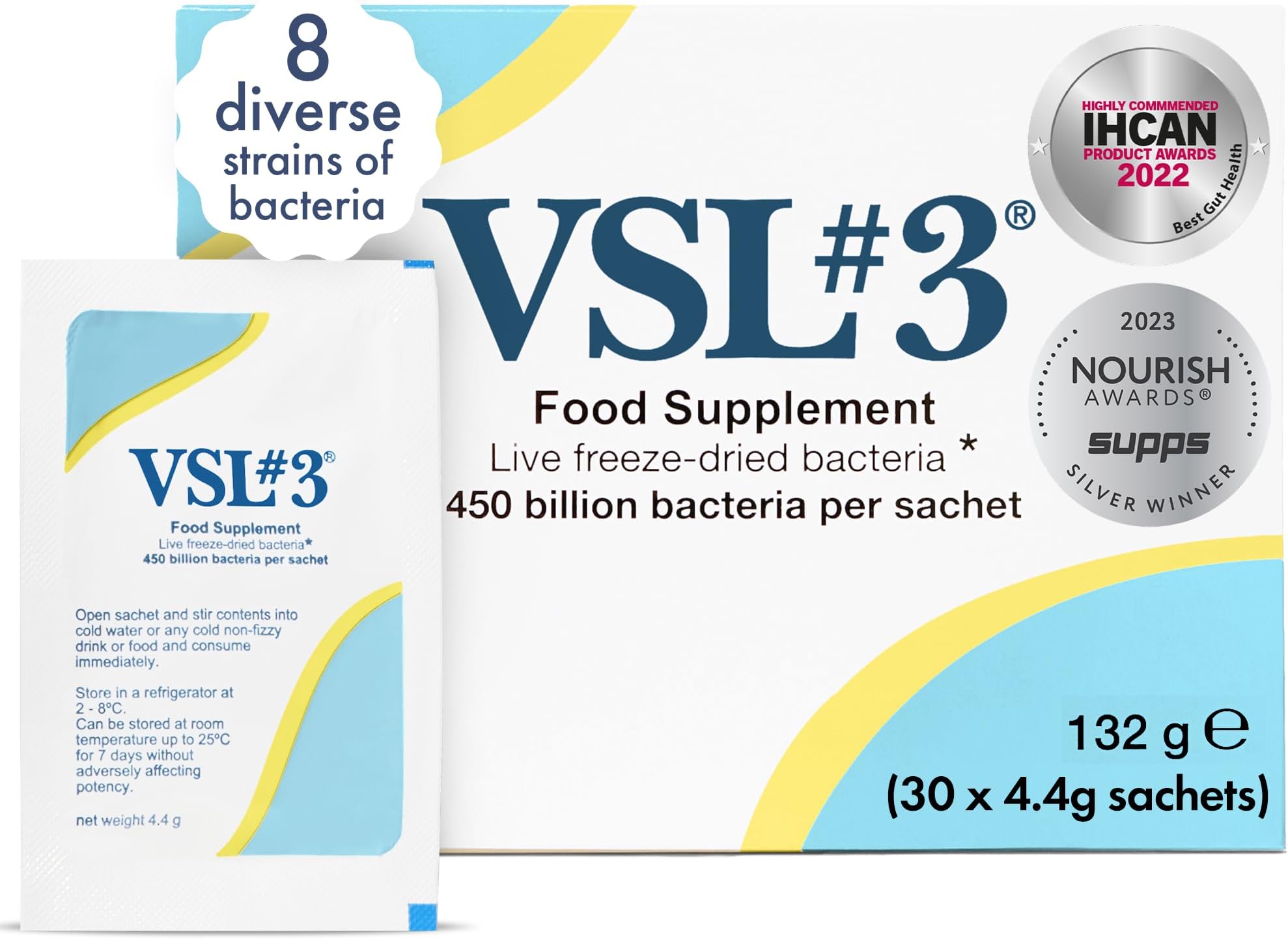 VSL#3 High-Concentration Probiotic Supplement (30 sachets) for Gut Health - 450 Billion Live Bacteria Across 8 Diverse Strains - Proven to Reach the Gut Alive & Trusted by NHS Healthcare Professionals