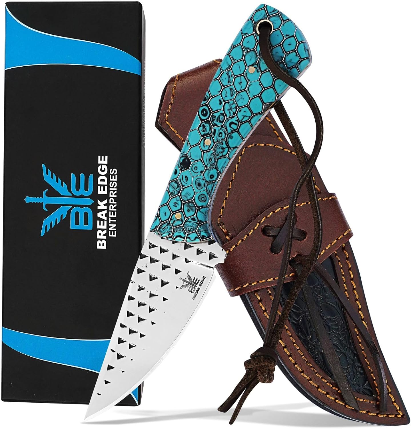 Break Edge Handcrafted Cowboy Hunting Knife with Leather Sheath Premium Handle Best Gift for Boy Friend and Father Day. (Silver & Torquise)