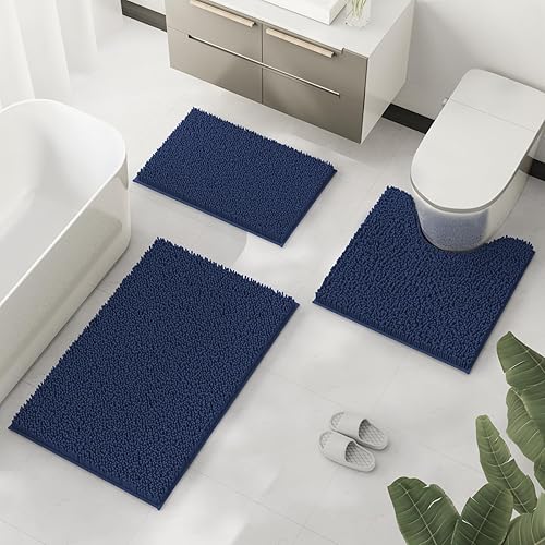 Miniatura 70 de Juego de 3 alfombras de baño extrasuaves y absorbentes, alfombras de baño de felpilla, alfombra de felpa antideslizante, juego de baño con alfombras