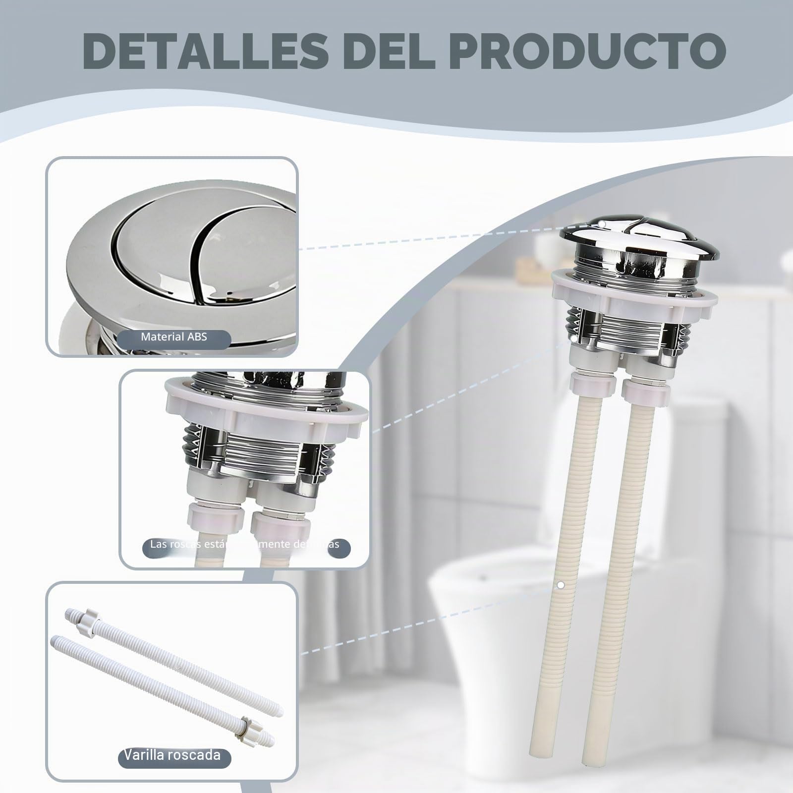 Pulsador cisterna, Botón de Cisterna Universal Rock para Inodoros de Doble Descarga, Accesorio de Baño Resistente y Duradero, Instalación Fácil y Rápida, Incluye 2 Palancas de Control