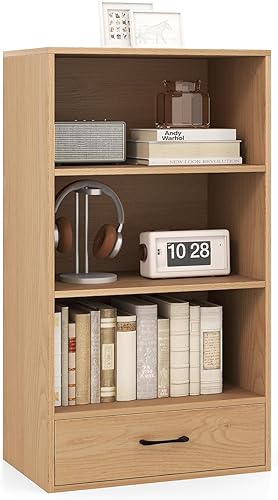 Miniatura 1 de GOFLAME Estantería de 4 niveles con cajón de almacenamiento, moderna estantería alta con 3 estantes abiertos, estantería de almacenamiento