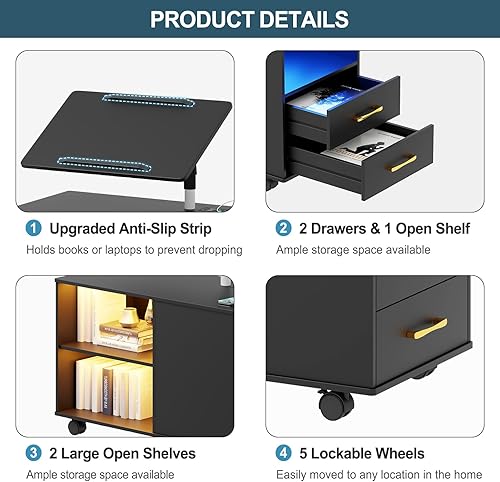Miniatura 7 de Gurexl Mesita de noche LED de 360 con estación de carga inalámbrica, mesita de noche ajustable movible con bandeja para portátil, soporte de noche