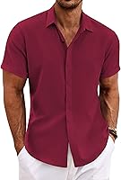 Vista 40 de COOFANDY Camisas de lino para hombre de manga corta, camisas casuales con botones para hombre, camisa de playa de verano, camisa para boda