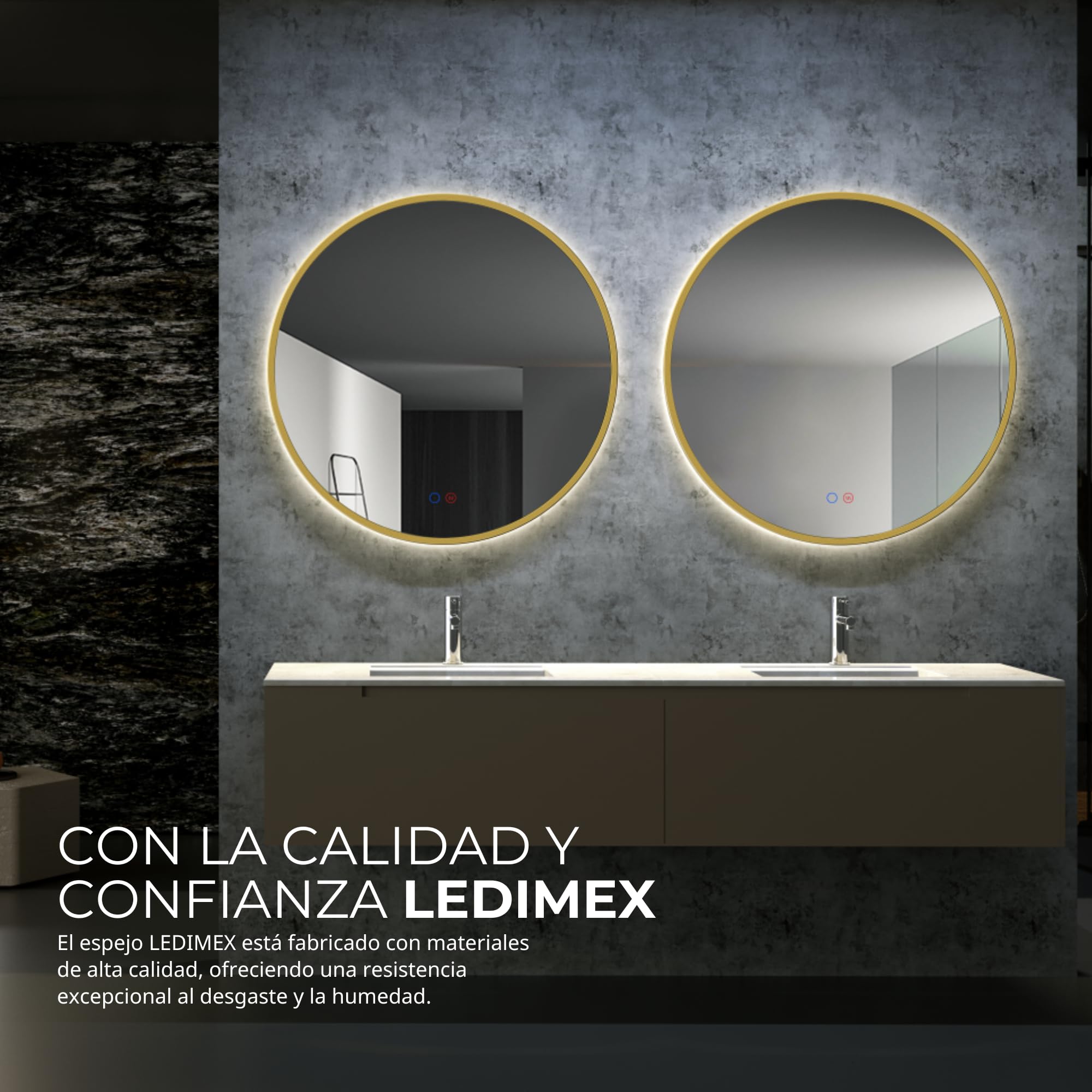 LEDIMEX - Espejo Redondo Baño con Luz LED 70cm Retroiluminado, Sensor Antivaho y Marco Dorado | Espejo Inteligente Oro Cepillado con Luz Tri-LED (Cálida, Neutra y Fría) y Sensor ON/OFF | Serie Fun