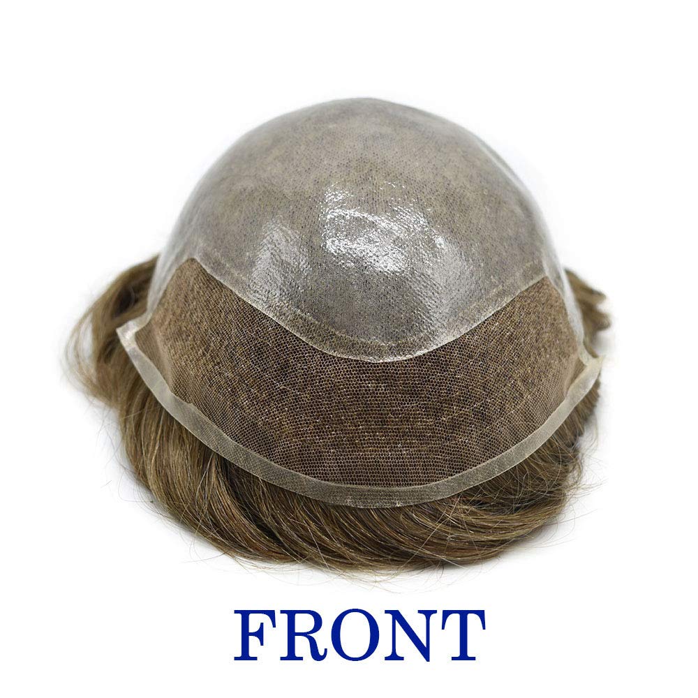 French Lace Front Mens Toupee Hairpiece Poly Skin PU Hair Replacement System Bleach Knot Wig (8 * 10, #17 Dark Ash Blonde 120%)