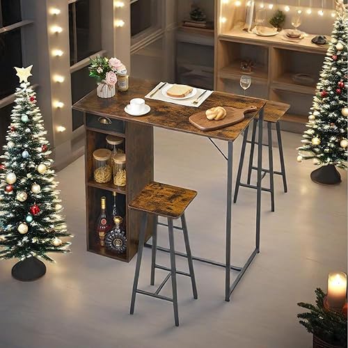 Miniatura 9 de Juego de mesa de comedor de 3 piezas para 2, mesa de comedor de altura de mostrador con estantes de almacenamiento y 2 taburetes, muebles de cocina