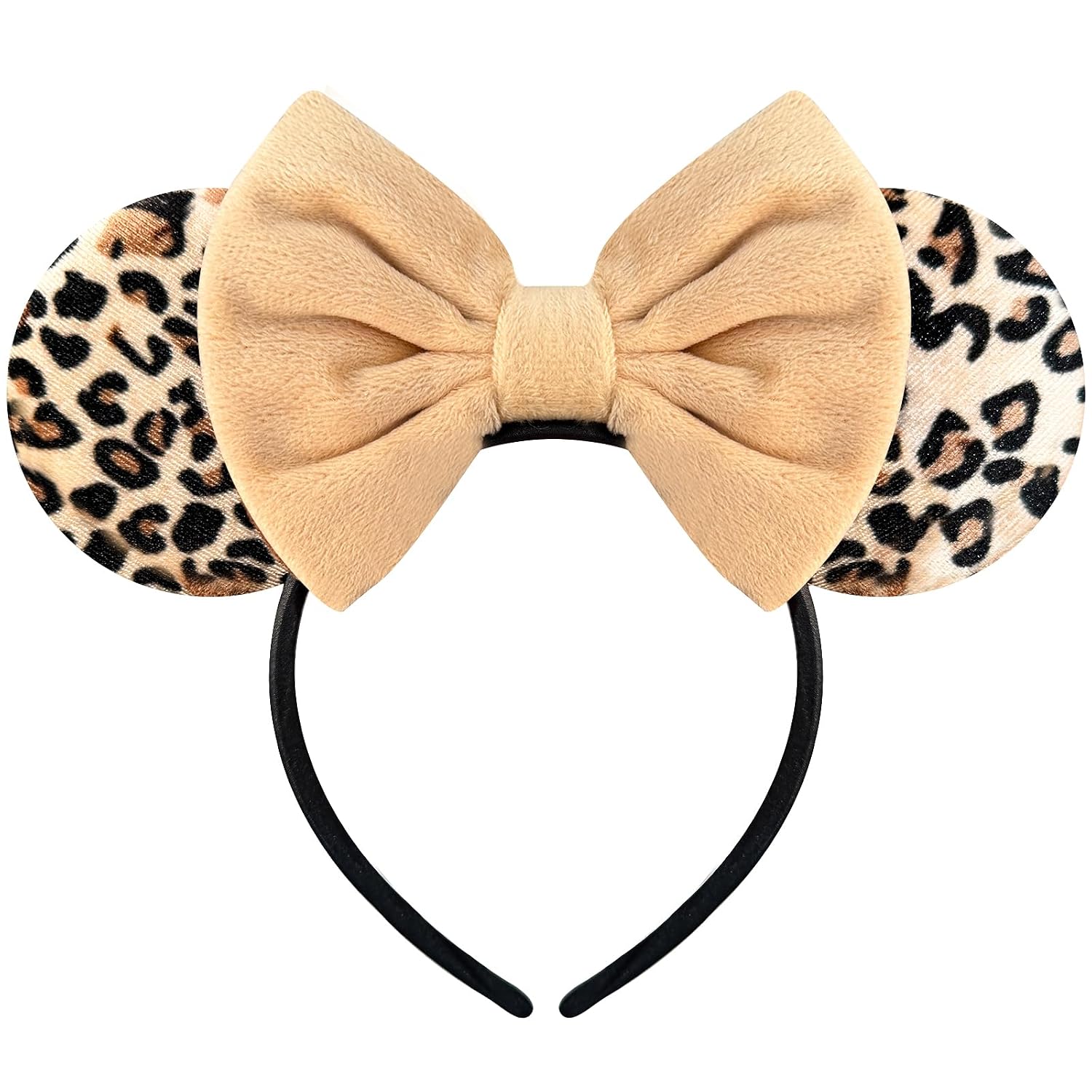 Leopard Print Mouse Ears Headband for Women, Brown Fuzzy Bows image 2