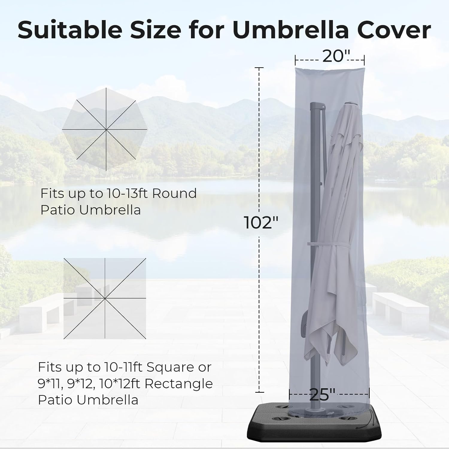 ONBRILL Patio Umbrella Cover, 600D Heavy Duty Waterproof Umbrella Covers for Outdoor Umbrellas 9ft to 13ft, Windproof Parasol Outdoor Umbrella Covers with Collapsible Rods, Drawstring and Zipper, Grey