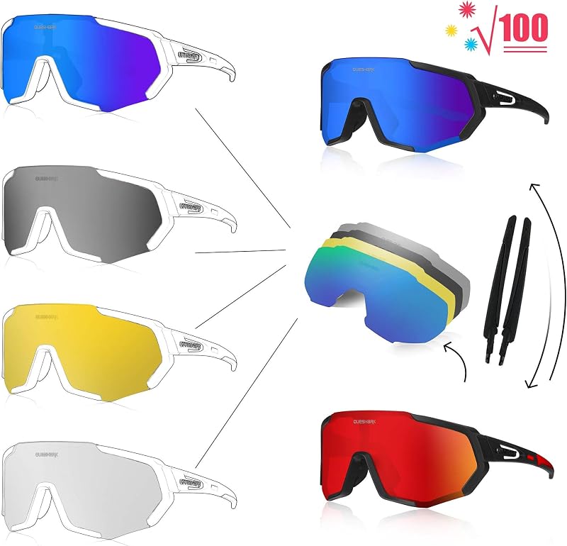 Queshark Sportszemüveg Kerékpáros Szemüveg Polarizált UV400 Védelem 5 Cserélhető Lencsével Fekete-Piros Outdoor Bicikli Futás