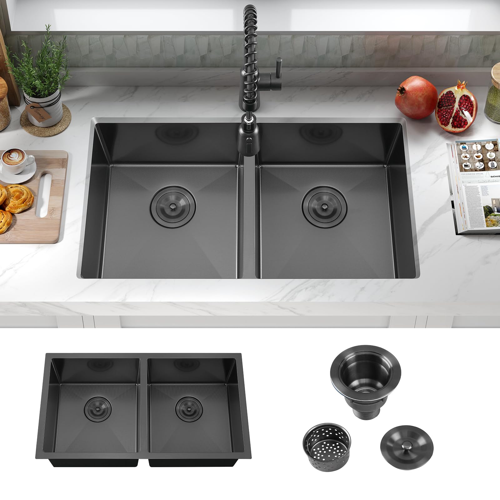 ATTOP 32 Inch Black Double Bowls Undermount Kitchen Sink