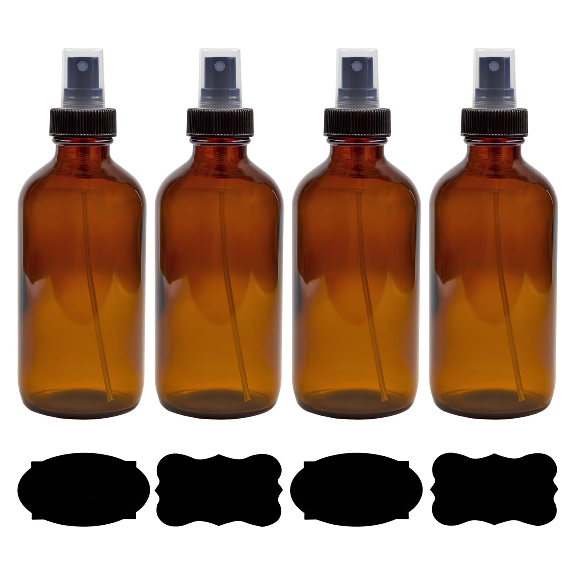 Cornucopia Brands 8-Ounce Amber Glass Fine Mist Spray Bottles (Pack of 4) Boston Round w/Atomizer Spritzers for Aromatherapy Perfume, Cologne, DIY &